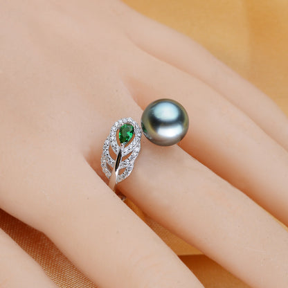 Bague Feuille Verte ZC Perle Noire de Tahiti 10-11mm RB02 | S925 Argent Sterling