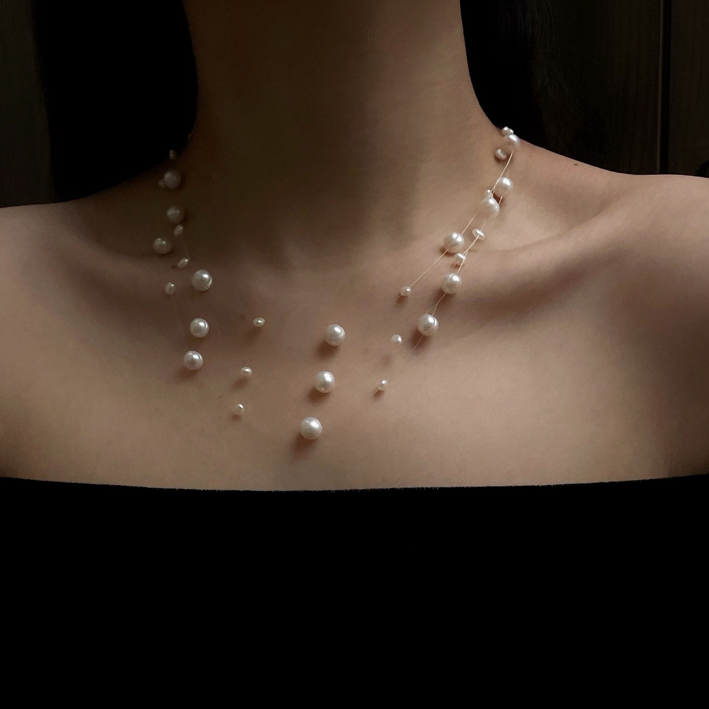 Outlets Double Overlapping Vine Floating Pearl Necklace on Silk Thread