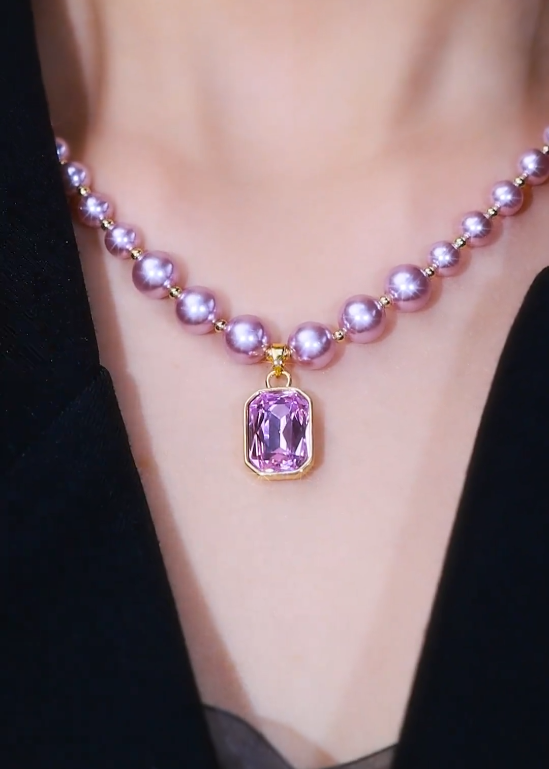 F007  Purple Pearl Diamond Pendant Necklace Luxury Fashion Jewelry