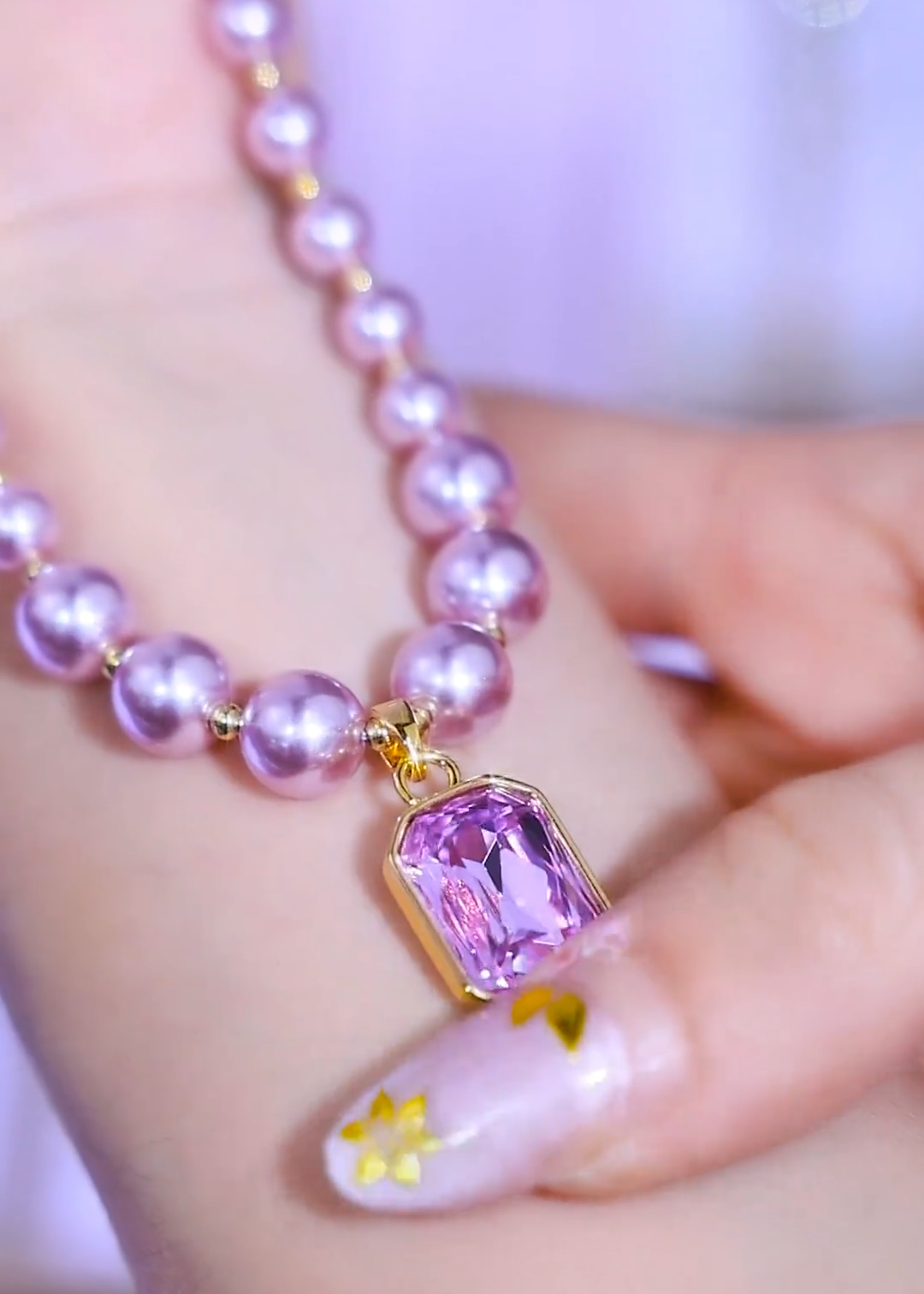 F007  Purple Pearl Diamond Pendant Necklace Luxury Fashion Jewelry