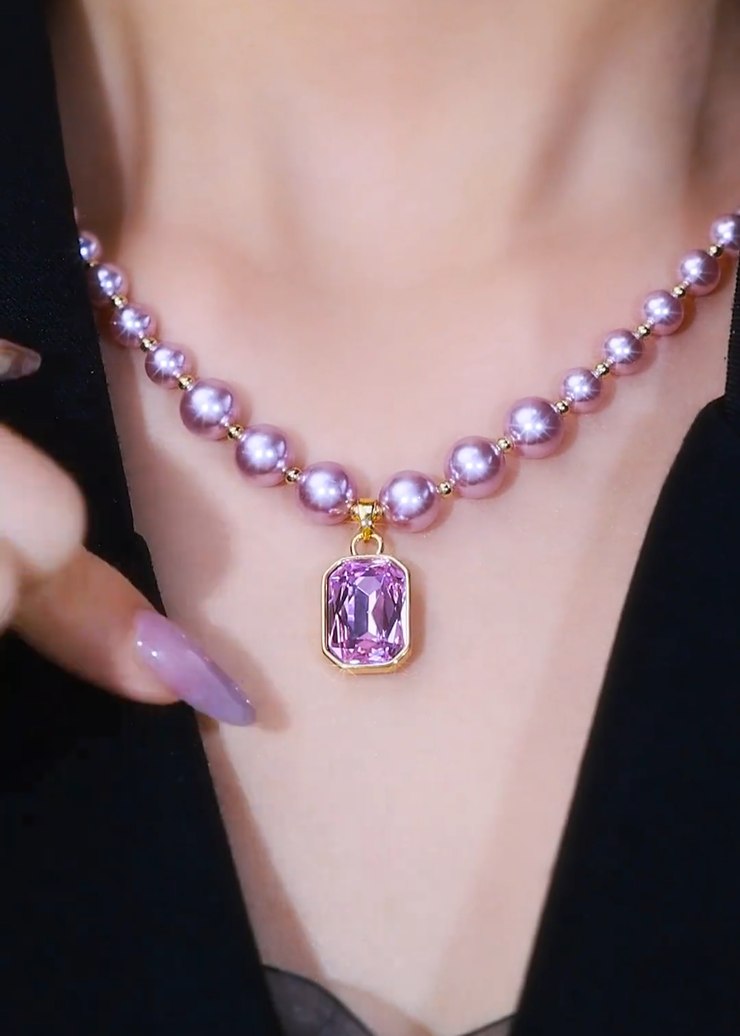 F007  Purple Pearl Diamond Pendant Necklace Luxury Fashion Jewelry