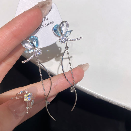 F018 Blue Butterfly Twisted Tassel Earrings