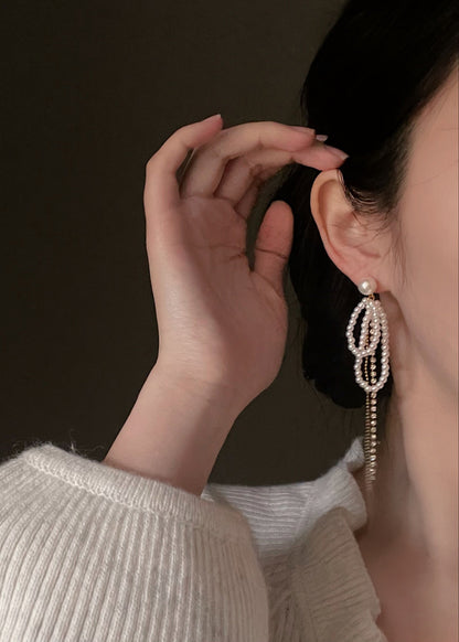 F019 Luxury Fashion Pearls Tassel Earrings Ear Clip