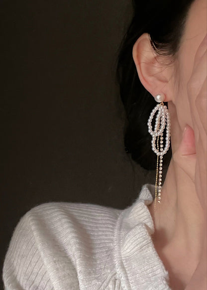 F019 Luxury Fashion Pearls Tassel Earrings Ear Clip