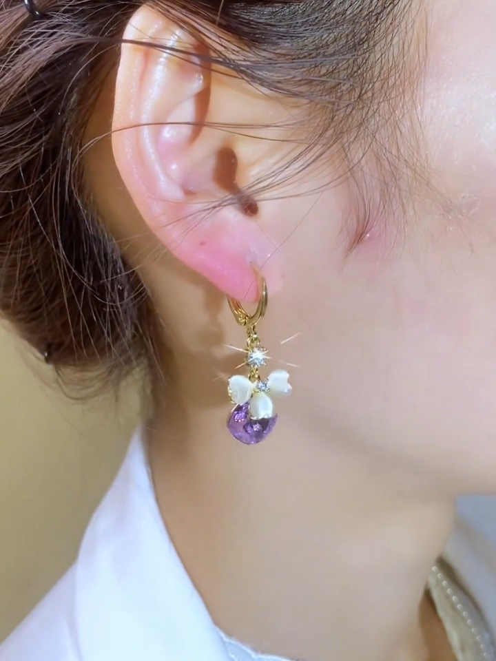 F041 Luxury Fashion Floral Purple Gemstone Huggie Earrings