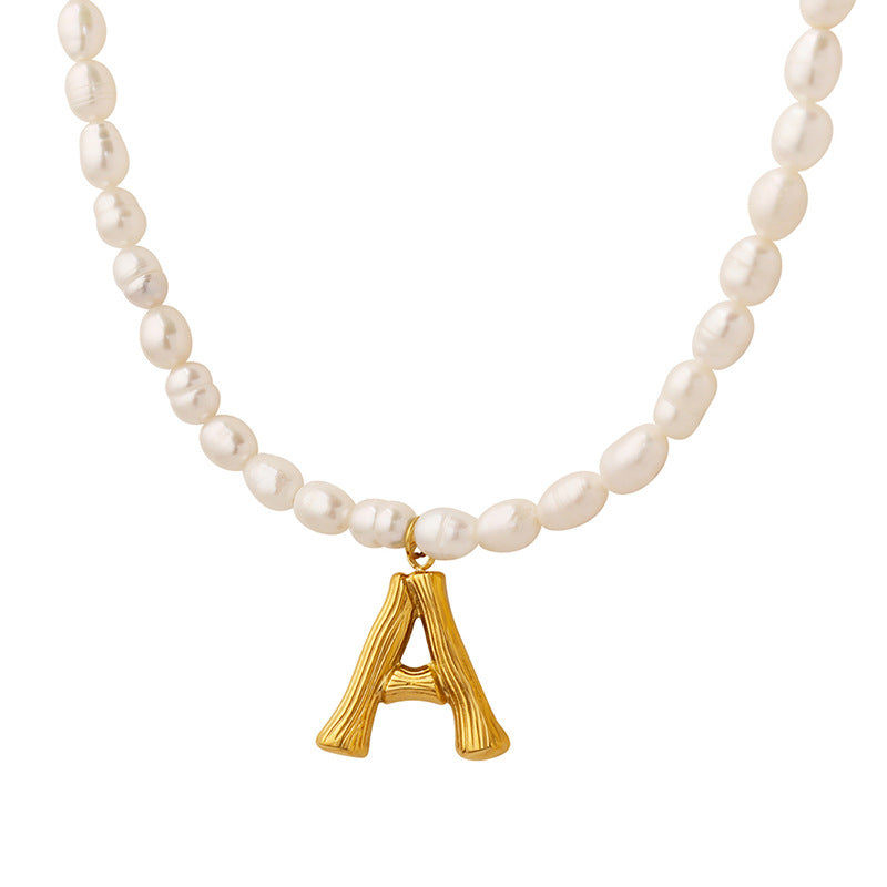 18K Gold Plated 26 Letters Pendant Beaded Freshwater Pearl Necklace NZ09