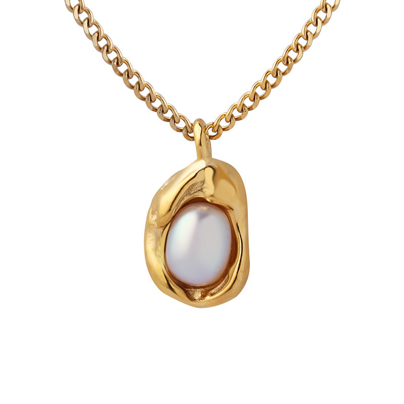 18K Gold Plated Cuban Chain Inlaid Pearl Special Shaped Pendant Necklace N101