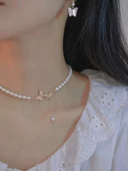 NB06 Double Butterfly Beaded Freshwater Pearl Choker