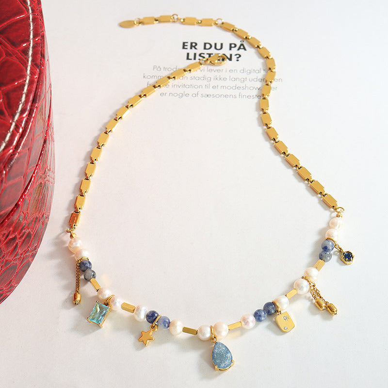 18K Gold Mixed Natural Stone Crystal Freshwater Pearl Beaded Necklace M901