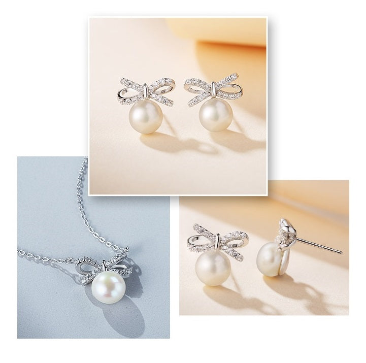 B108 Butterfly Bow Knot Pearl Necklace & Earrings | S925 Silver