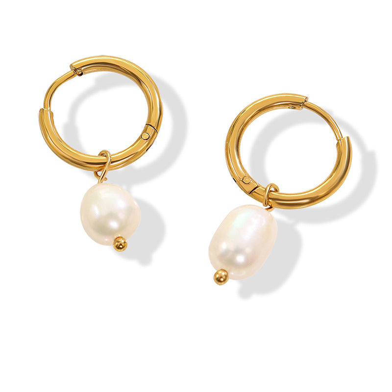 Vintage Round Hoop Freshwater Pearl Earrings EV01 | 18K Gold Plated