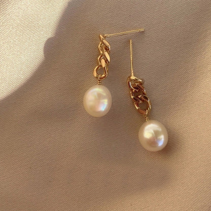 EC03 High Luster 7-8mm Freshwater Pearl 14K Gold Chain Earrings