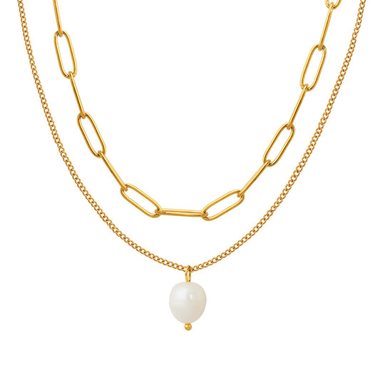 18K Gold Plated Chain Freshwater Pearl Pendant Multi-layered Necklace M201