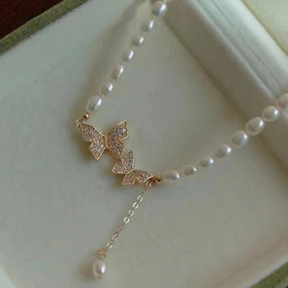 NB06 Double Butterfly Beaded Freshwater Pearl Choker