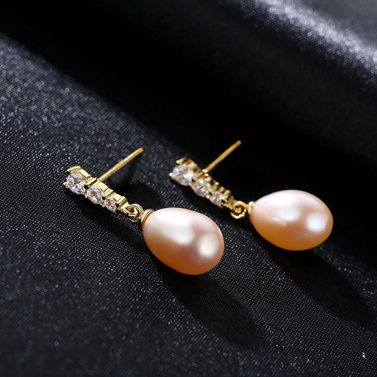 Pendientes de perlas de agua dulce con circonitas E009 | Plata esterlina S925