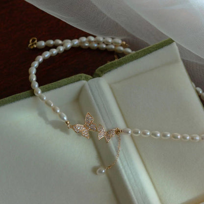 NB06 Double Butterfly Beaded Freshwater Pearl Choker