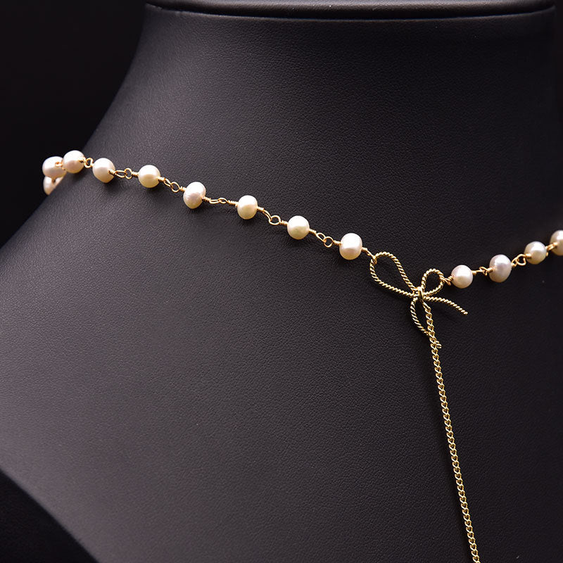 BY08 Butterfly Bow Knot Teardrop Pendant Pearl Necklace