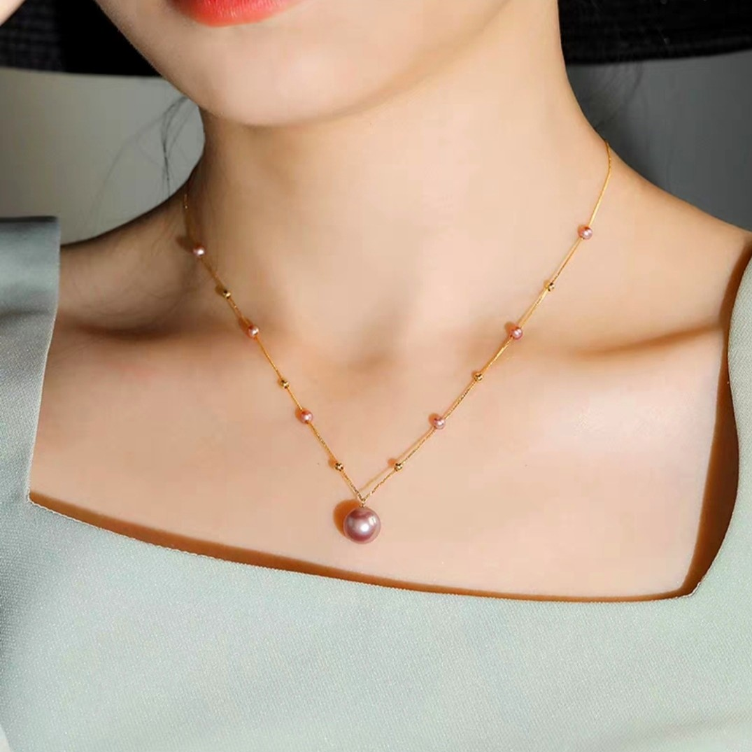 V509 Teardrop Pendant Beaded Freshwater Pearl Necklace | 18K Gold Plated