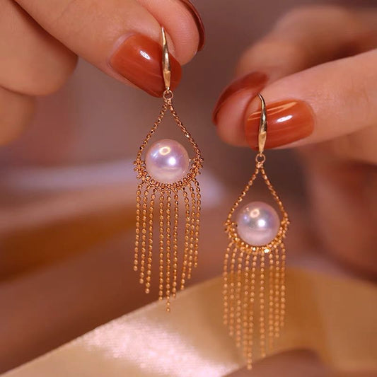 Pendientes de perlas de agua dulce con borla T201 | Chapado en oro de 18 quilates.