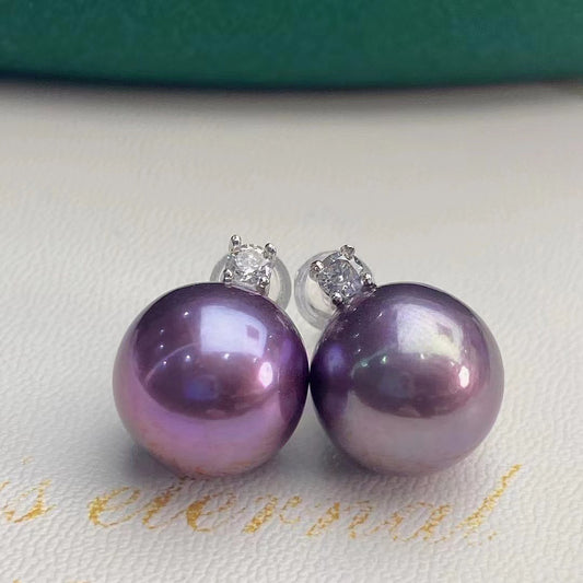 Pendientes princesa de perlas de agua dulce moradas de 9-10 mm E006 | Plata esterlina S925