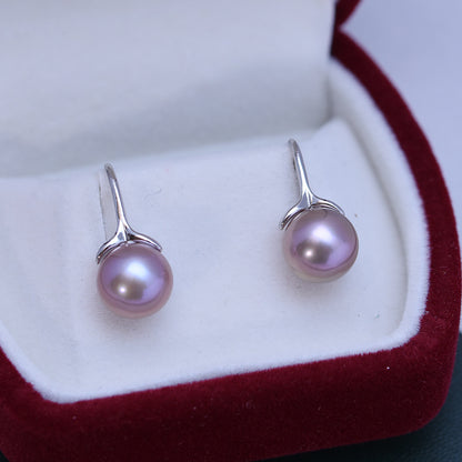 Pendientes de perlas de agua dulce moradas de 9-10 mm E007 | Plata esterlina S925