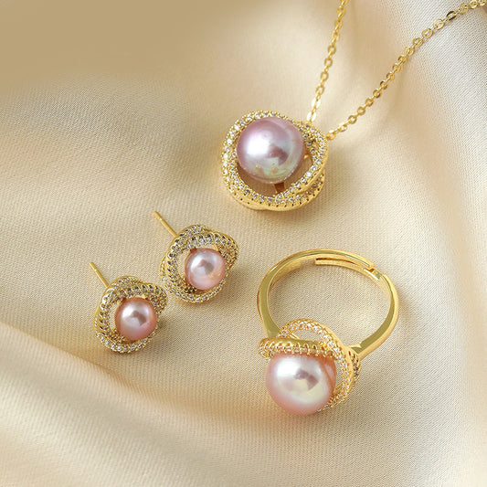 Juego de anillos y aretes colgantes de perlas de agua dulce Nest S303