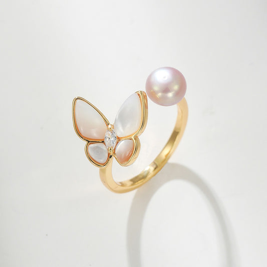 R516 Perla y concha Anillos de perlas de agua dulce | Chapado en oro de 14 quilates.