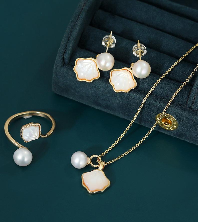 S301 Ensemble collier coquillage et perles d'eau douce | Rempli d'or 14 carats